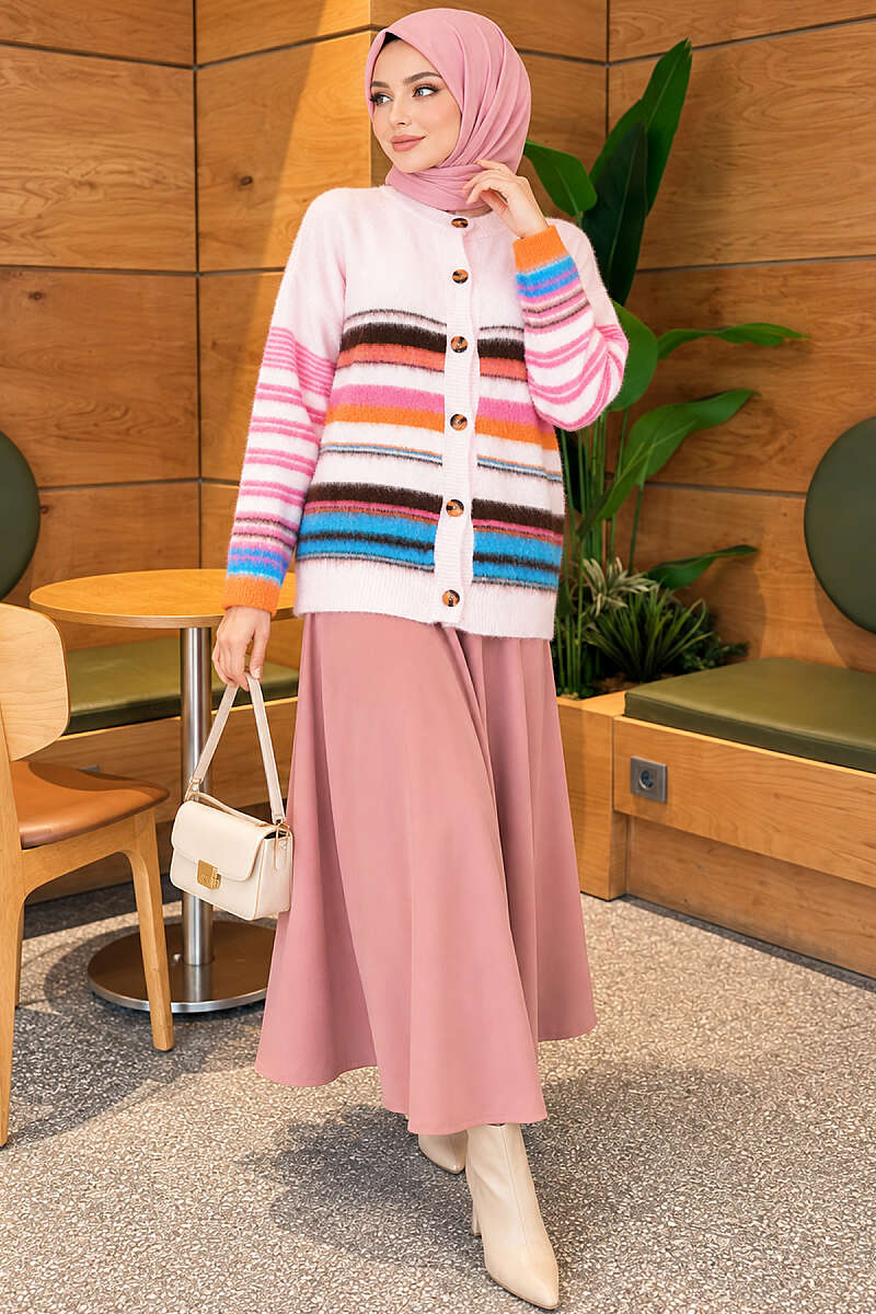 Button Knit Cardigan with Coloured Stripes - Pink