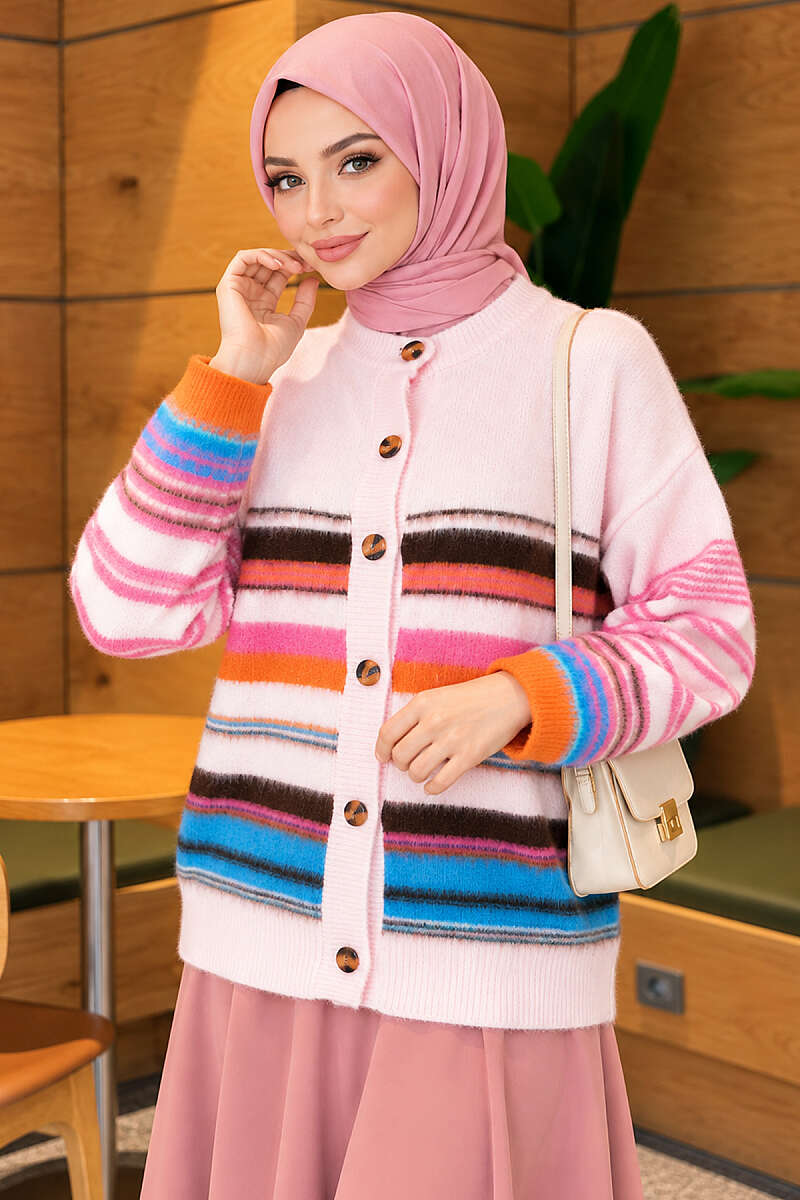 Button Knit Cardigan with Coloured Stripes - Pink