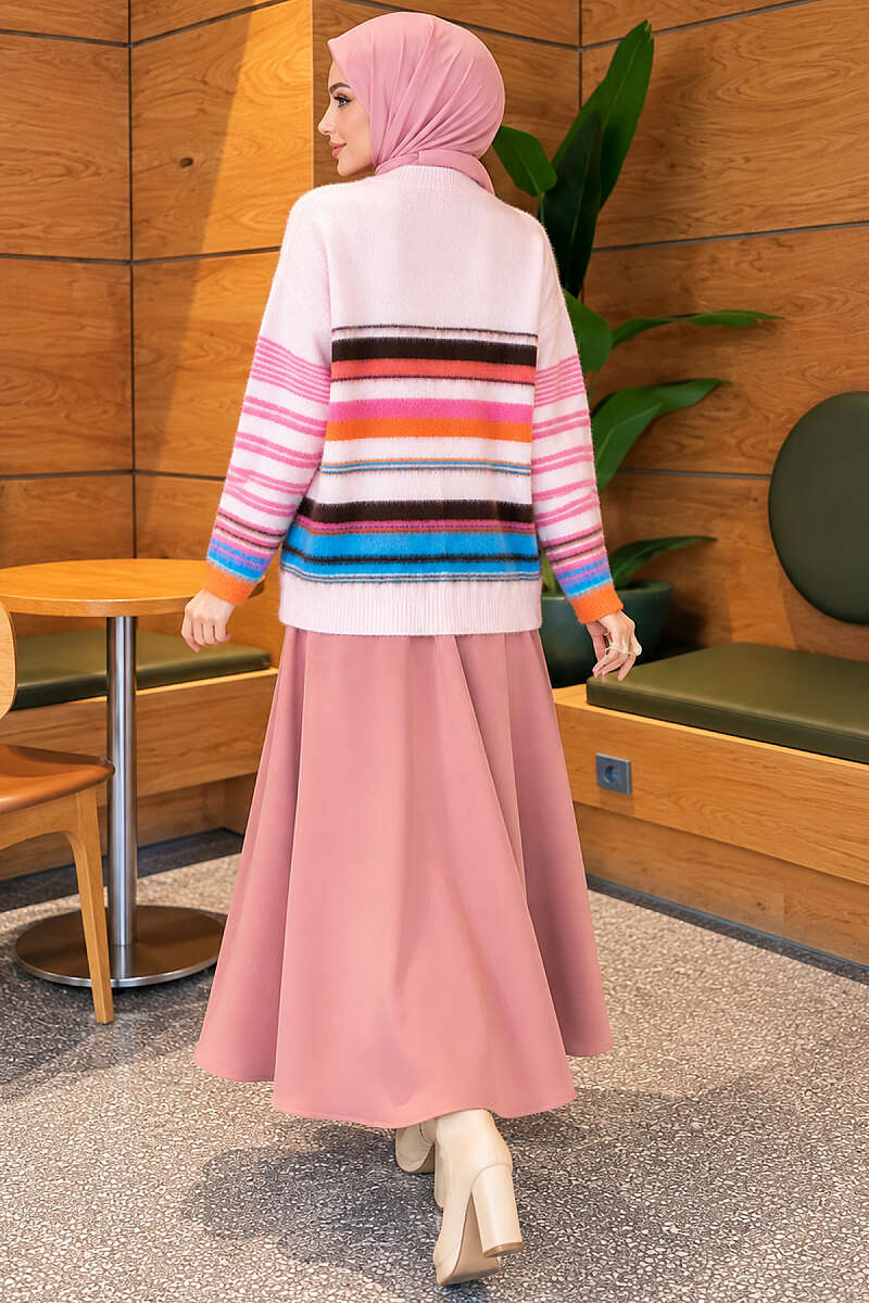 Button Knit Cardigan with Coloured Stripes - Pink