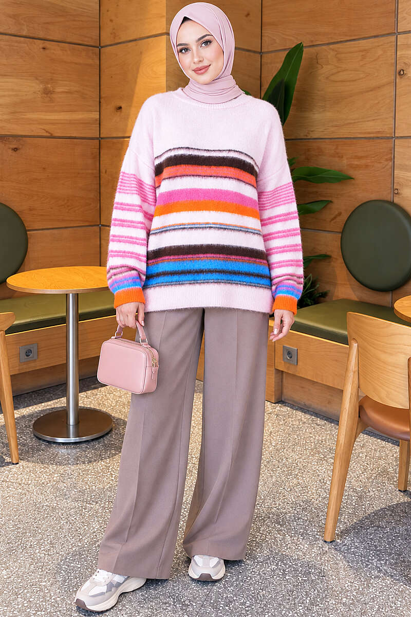 Soft Multicolour Striped Knit Tunic - Pink