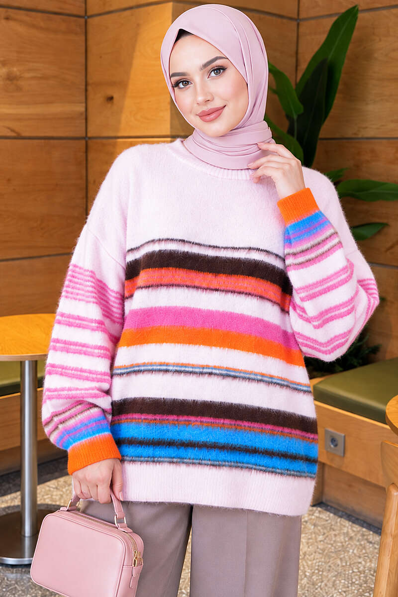 Soft Multicolour Striped Knit Tunic - Pink
