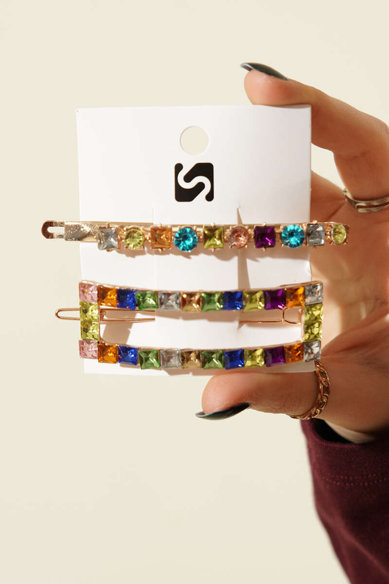 2-Piece Hair Clip Set with Coloured Stones - Gold