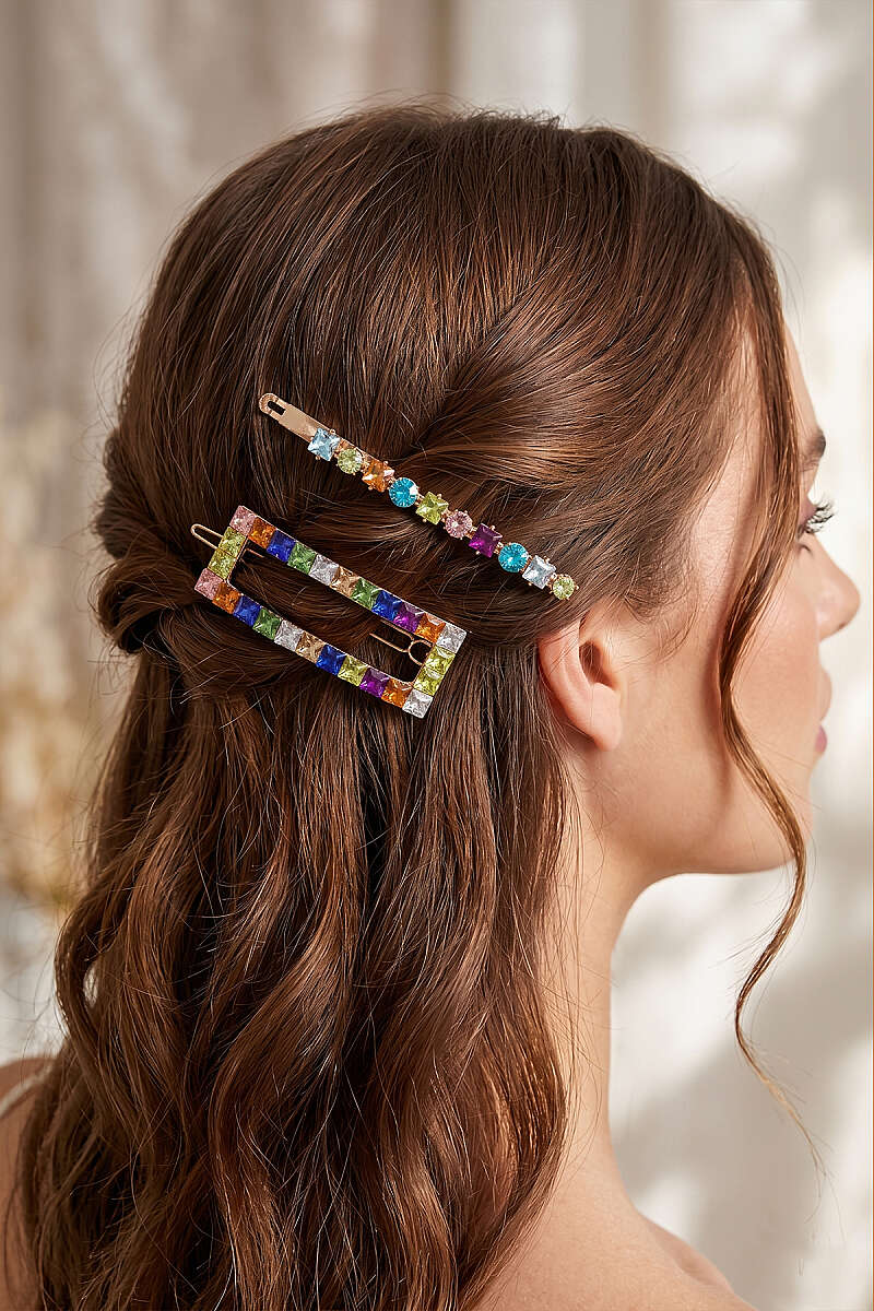 2-Piece Hair Clip Set with Coloured Stones - Gold