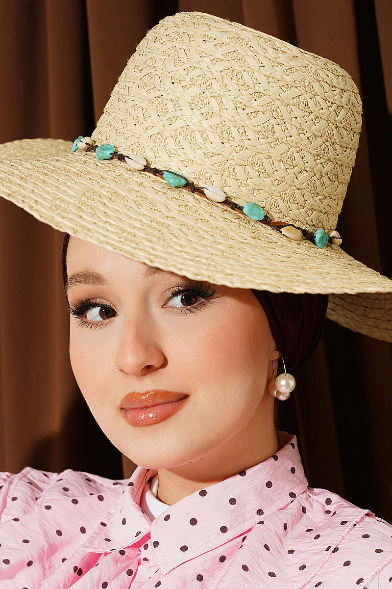 Straw Hat with Coloured Stones - Beige