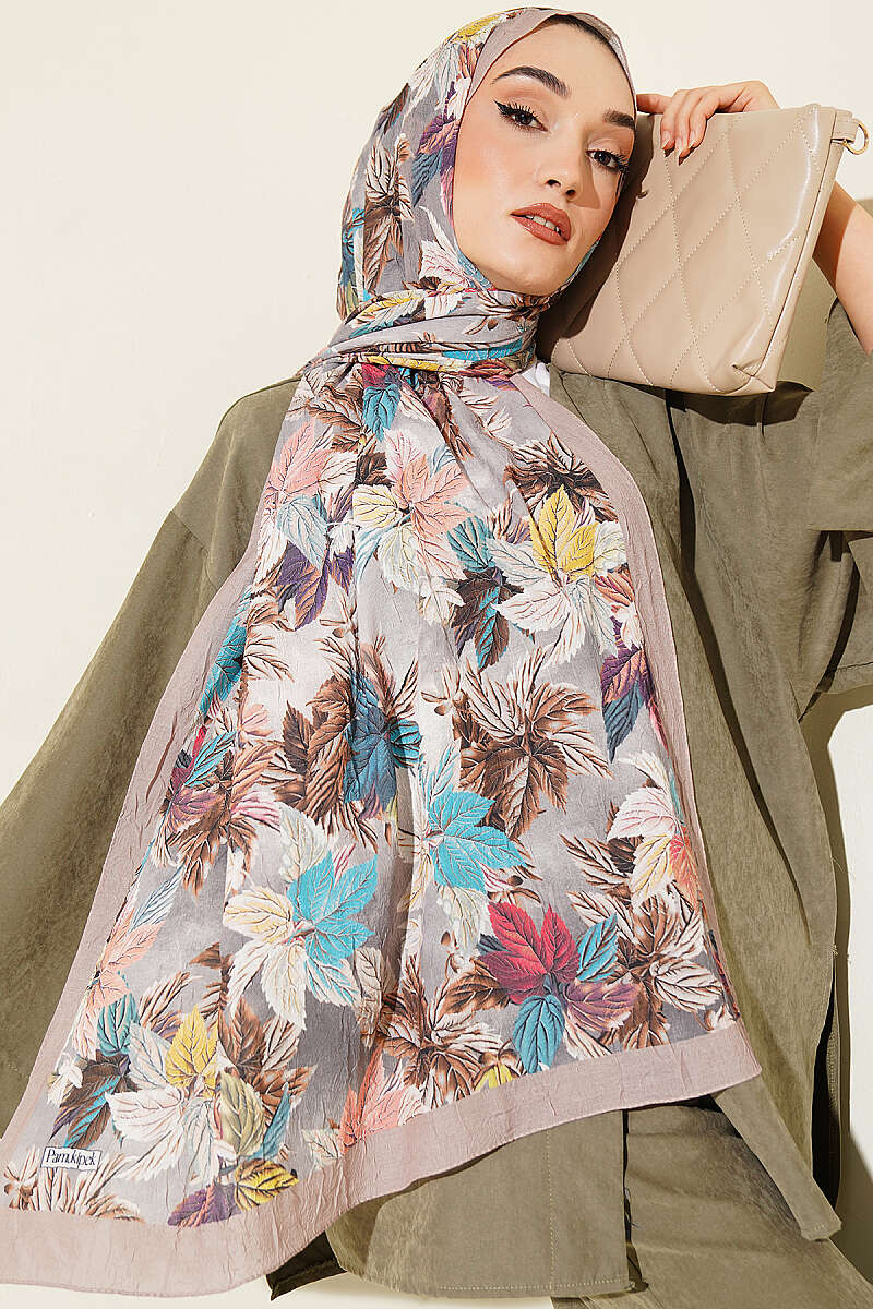 Colourful Leaf Print Crinkle Shawl - Light Mink