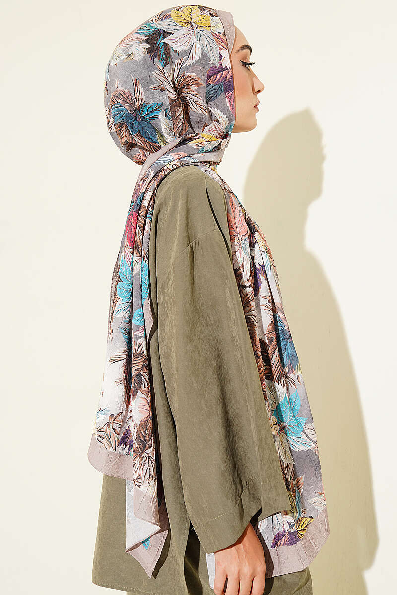 Colourful Leaf Print Crinkle Shawl - Light Mink
