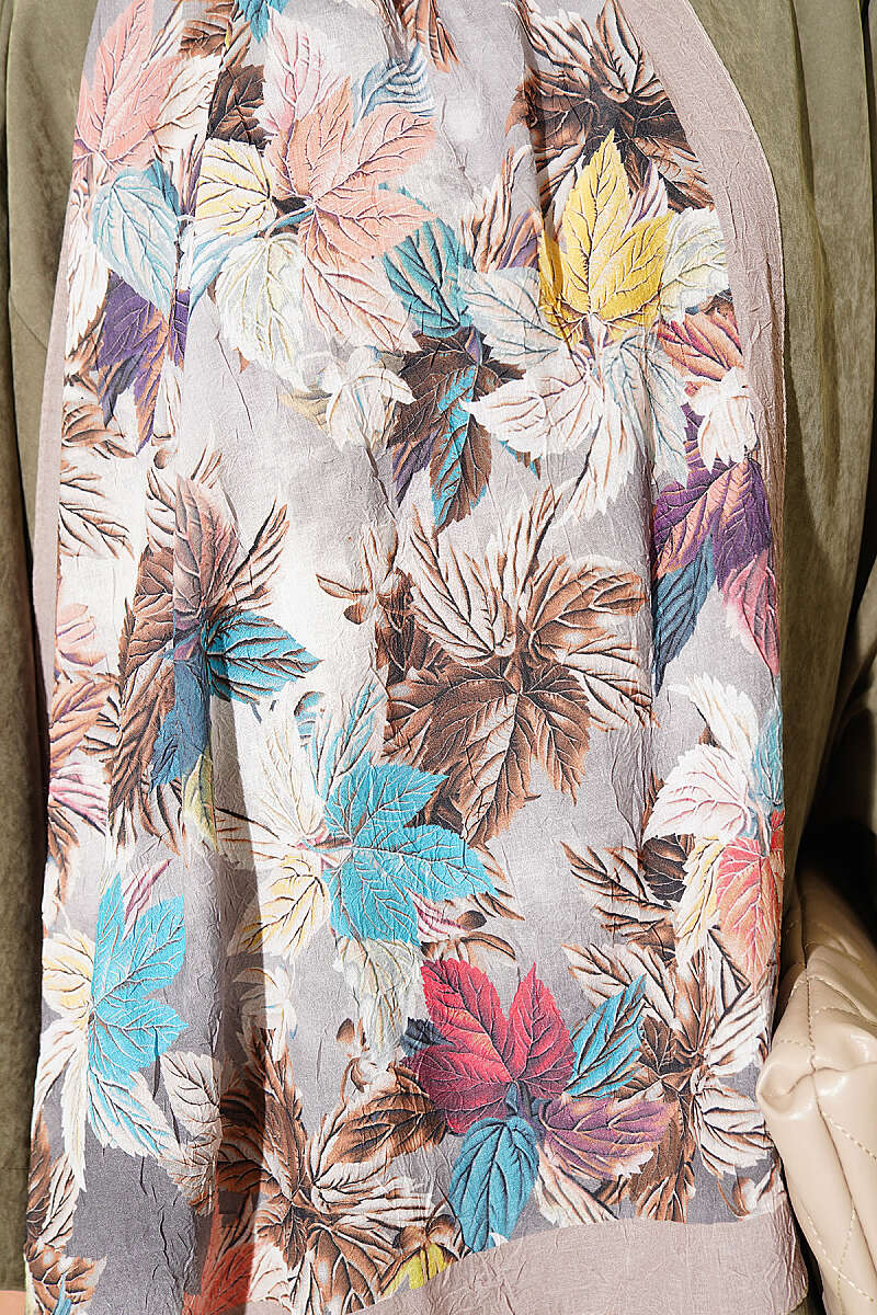 Colourful Leaf Print Crinkle Shawl - Light Mink
