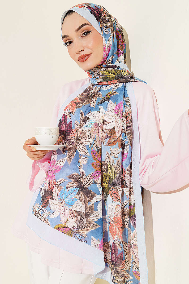 Colourful Leaf Print Crinkle Shawl - Light Blue