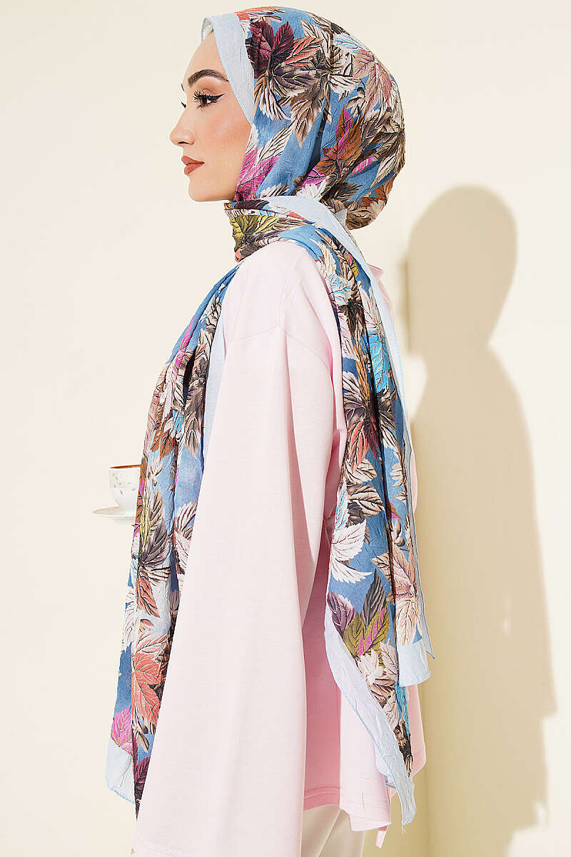 Colourful Leaf Print Crinkle Shawl - Light Blue