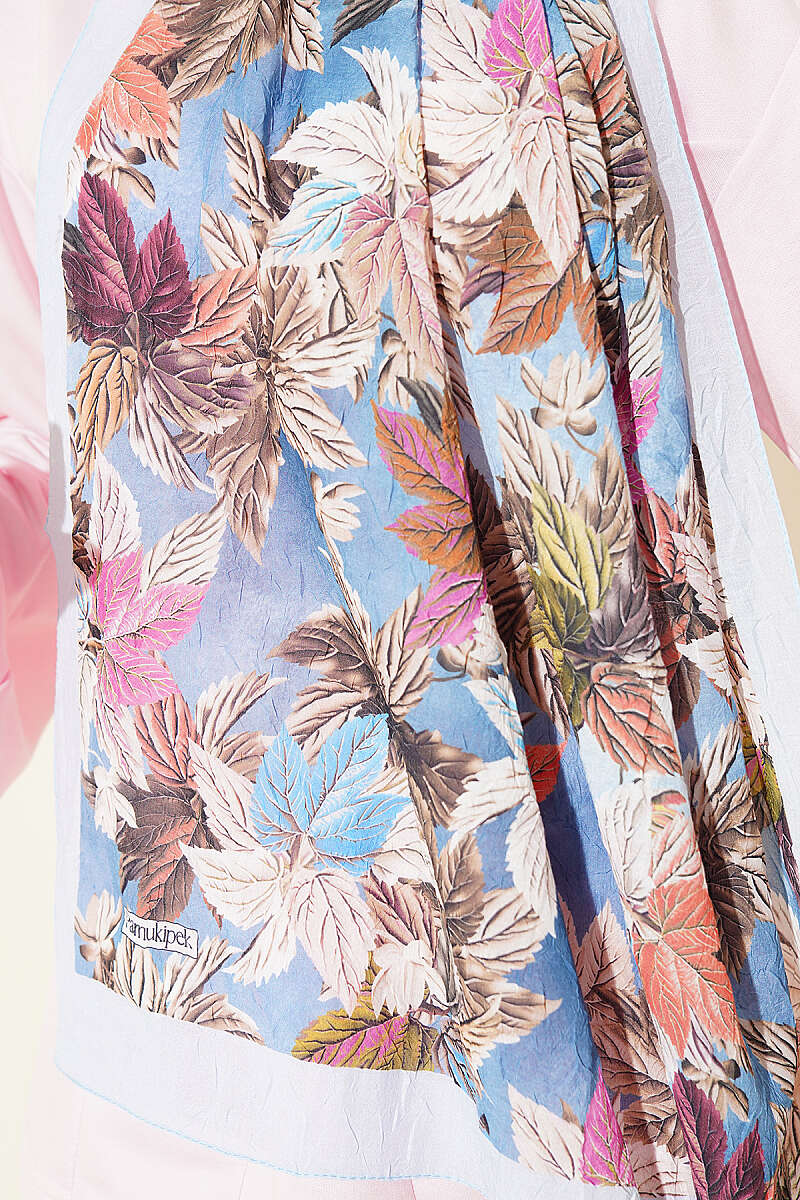 Colourful Leaf Print Crinkle Shawl - Light Blue