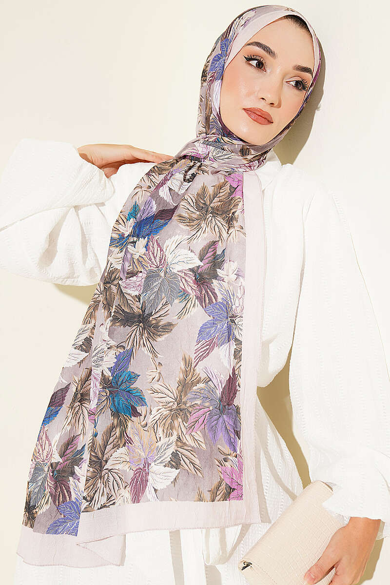 Colourful Leaf Print Crinkle Shawl - Beige