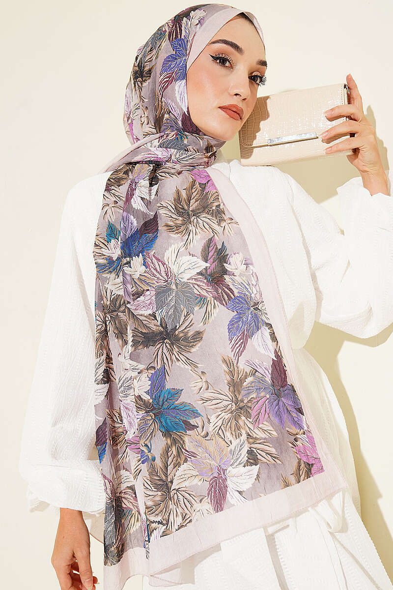 Colourful Leaf Print Crinkle Shawl - Beige