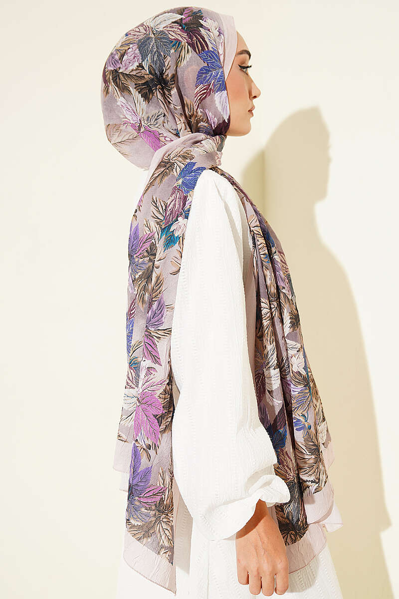 Colourful Leaf Print Crinkle Shawl - Beige