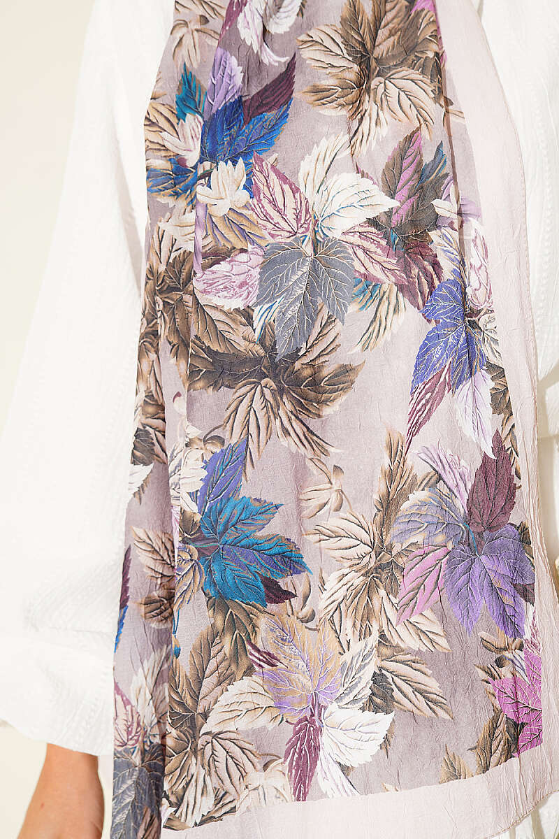 Colourful Leaf Print Crinkle Shawl - Beige