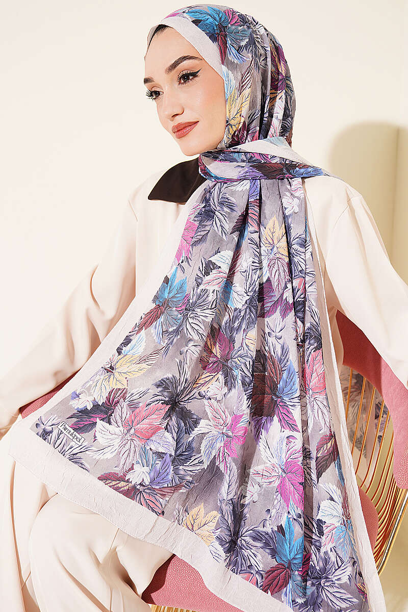 Colourful Leaf Print Crinkle Shawl - Grey