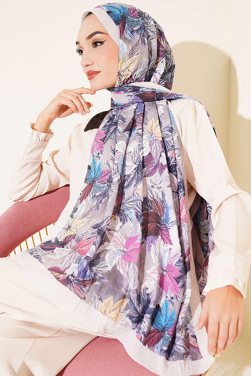 Colourful Leaf Print Crinkle Shawl - Grey