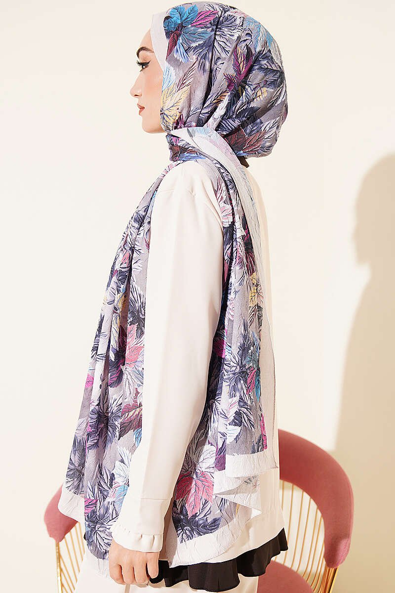 Colourful Leaf Print Crinkle Shawl - Grey