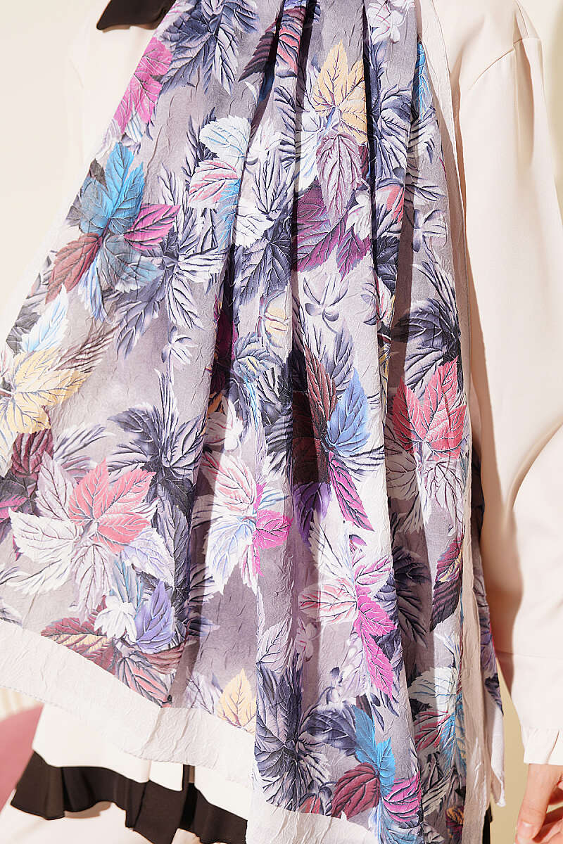 Colourful Leaf Print Crinkle Shawl - Grey