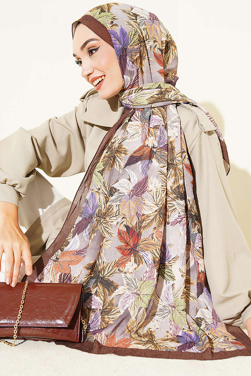 Colourful Leaf Print Crinkle Shawl - Brown