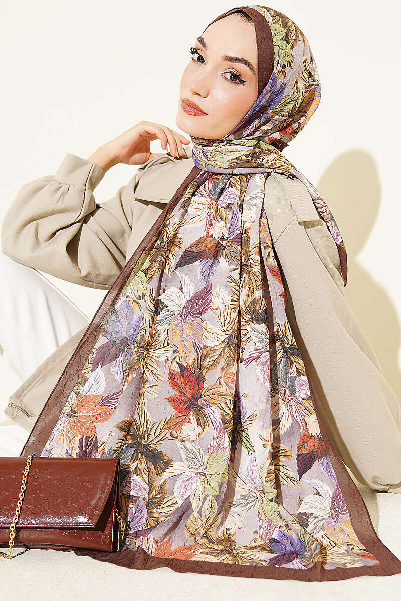 Colourful Leaf Print Crinkle Shawl - Brown