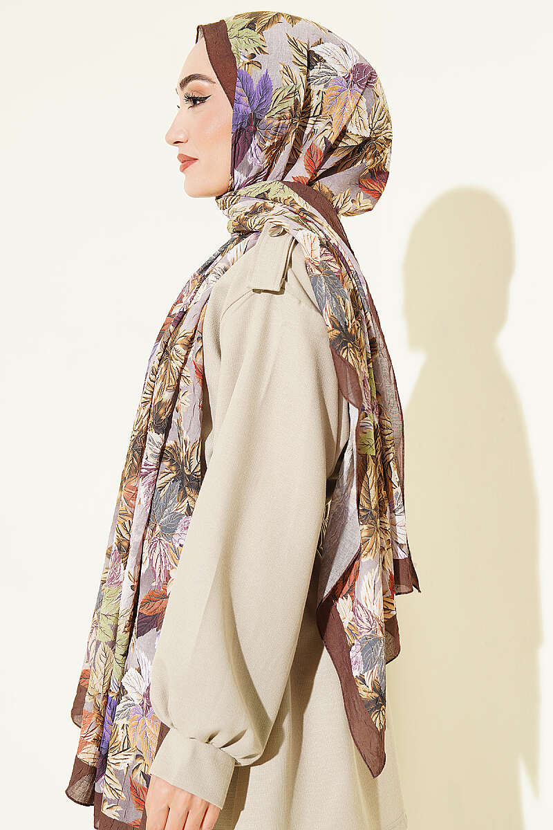 Colourful Leaf Print Crinkle Shawl - Brown