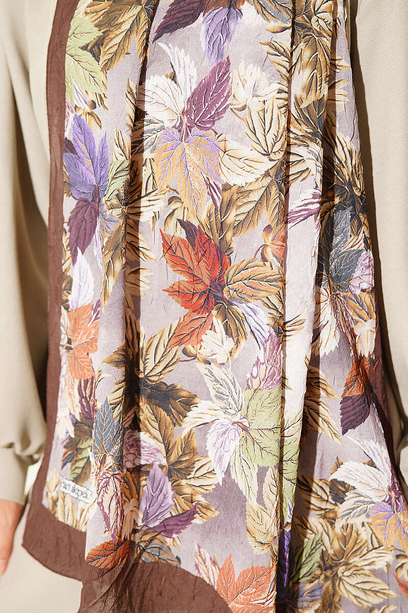 Colourful Leaf Print Crinkle Shawl - Brown