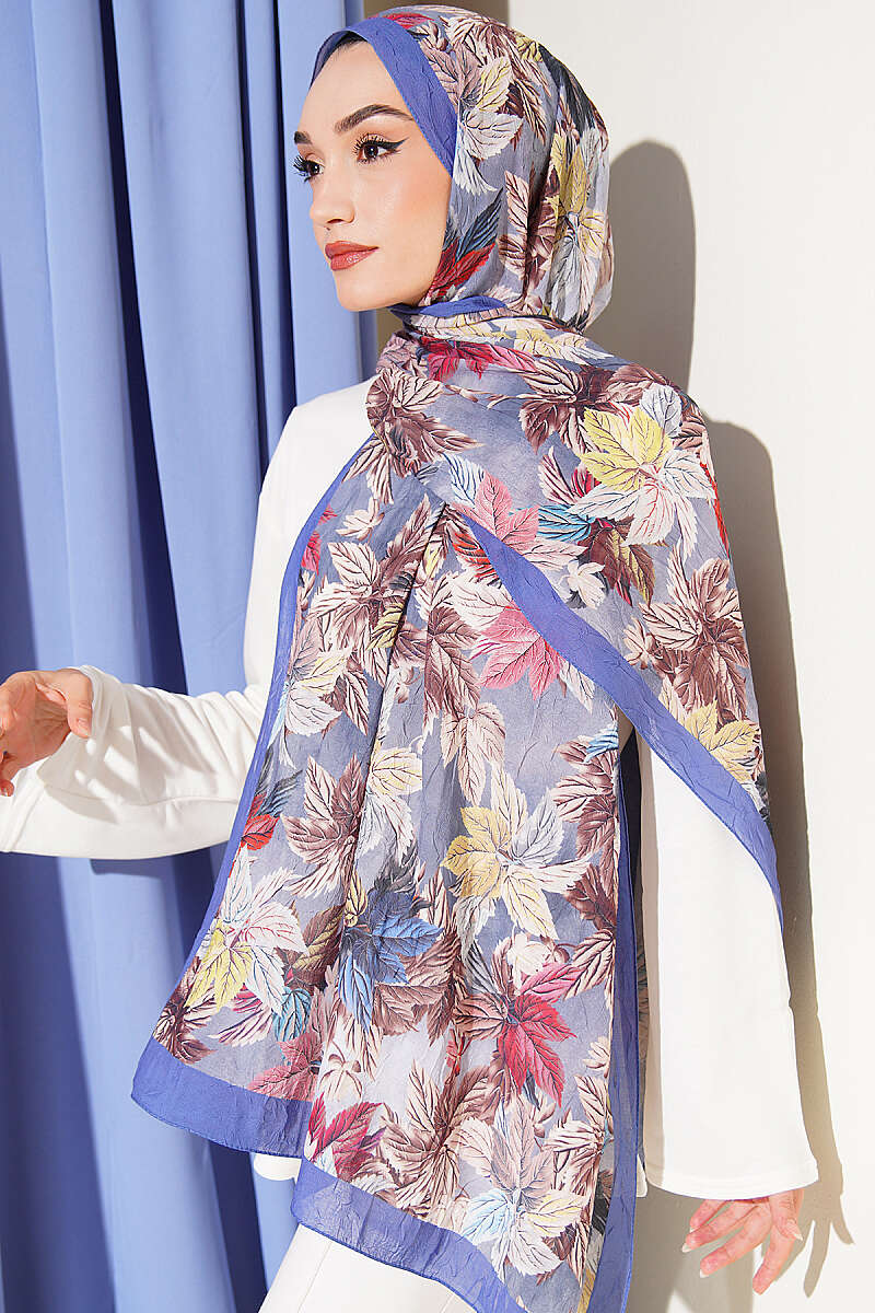 Colourful Leaf Print Crinkle Shawl - Lilac