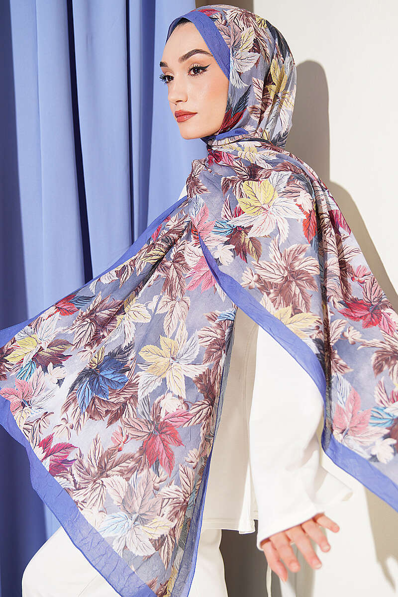 Colourful Leaf Print Crinkle Shawl - Lilac