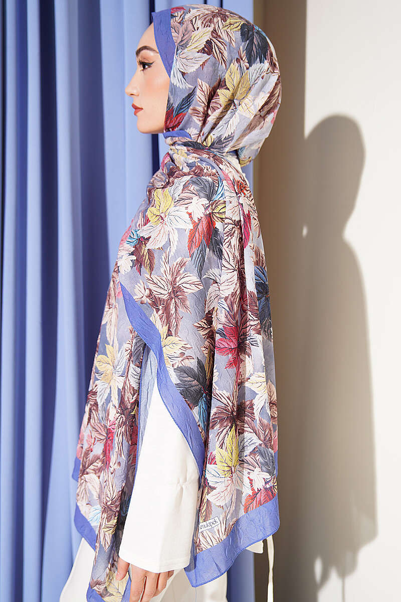 Colourful Leaf Print Crinkle Shawl - Lilac