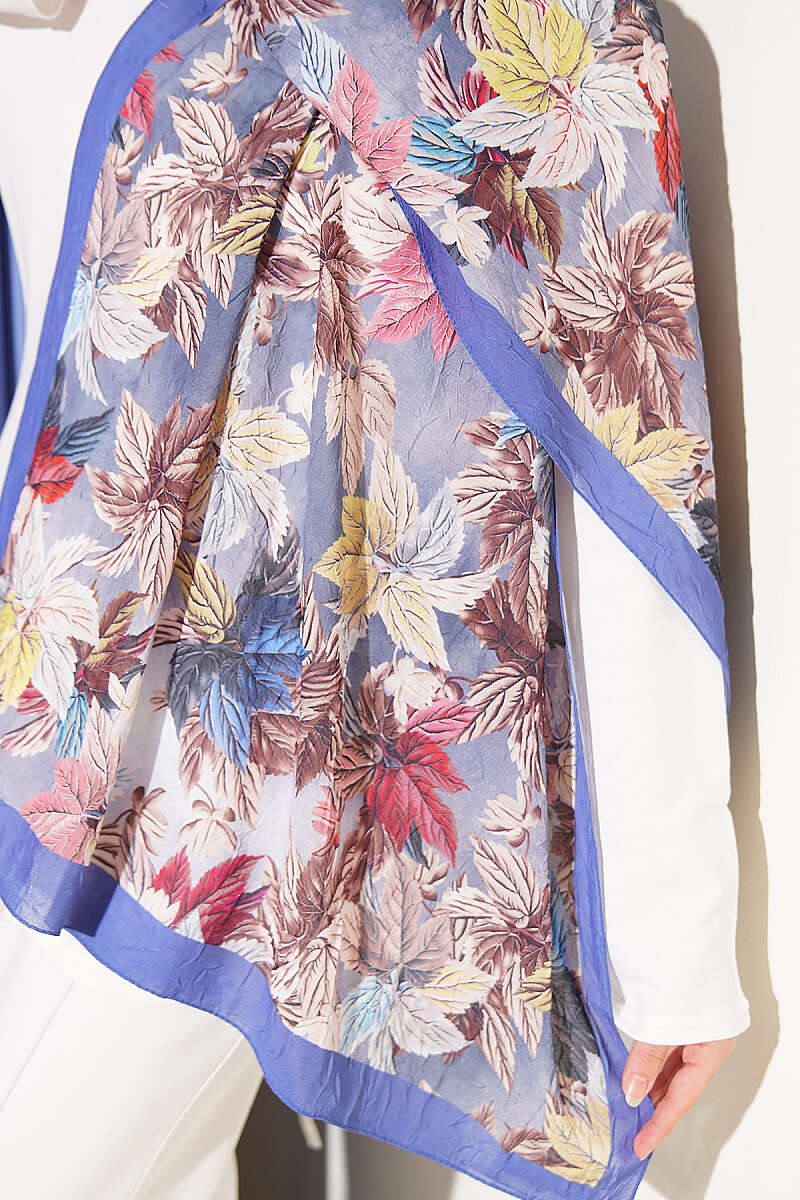 Colourful Leaf Print Crinkle Shawl - Lilac