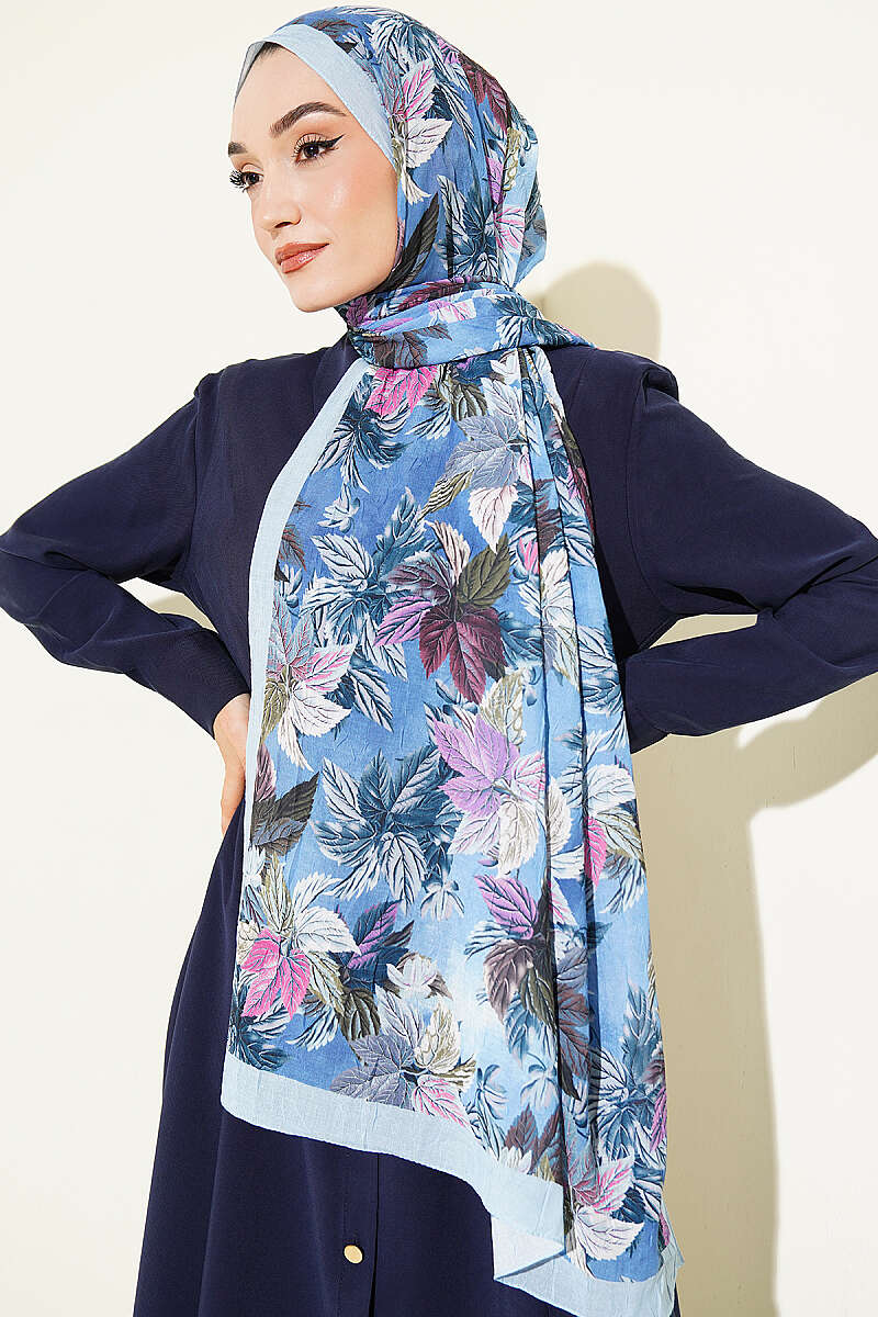 Colourful Leaf Print Crinkle Shawl - Blue