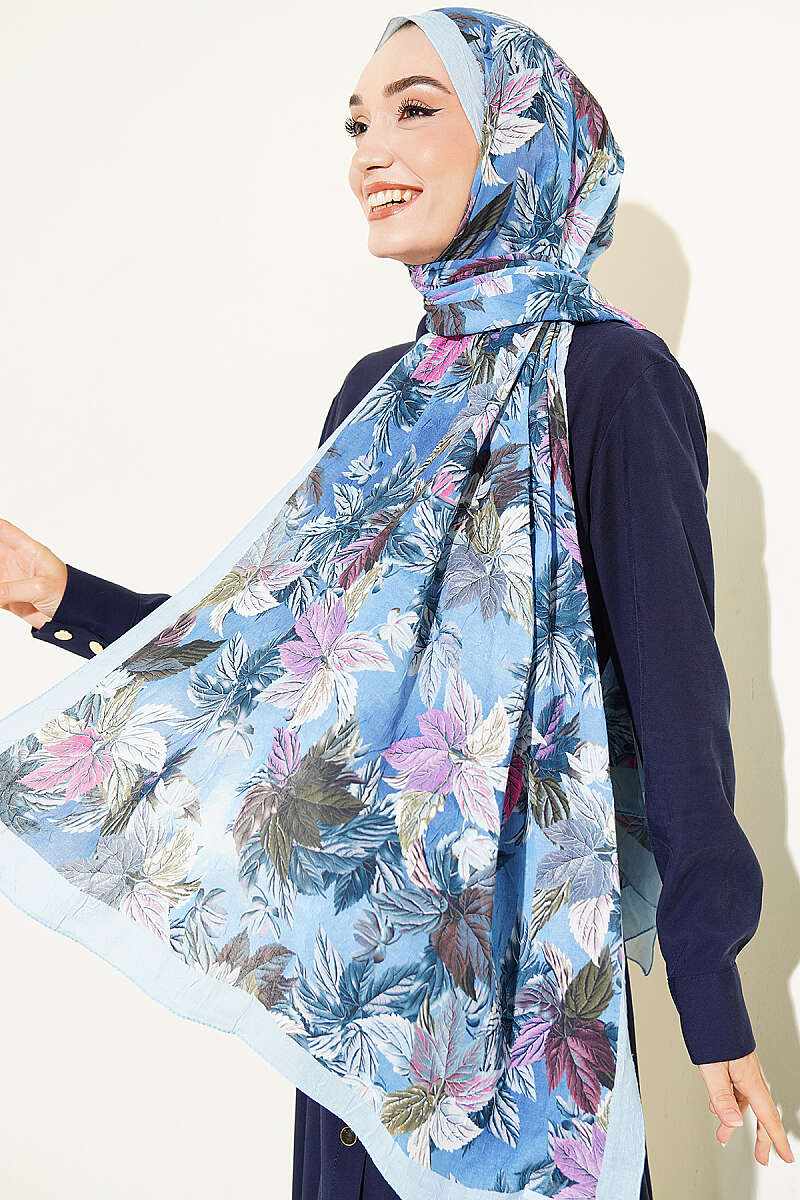 Colourful Leaf Print Crinkle Shawl - Blue