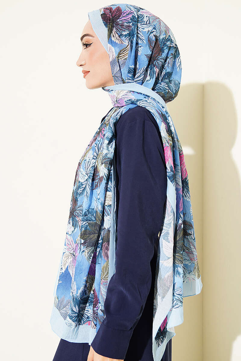 Colourful Leaf Print Crinkle Shawl - Blue