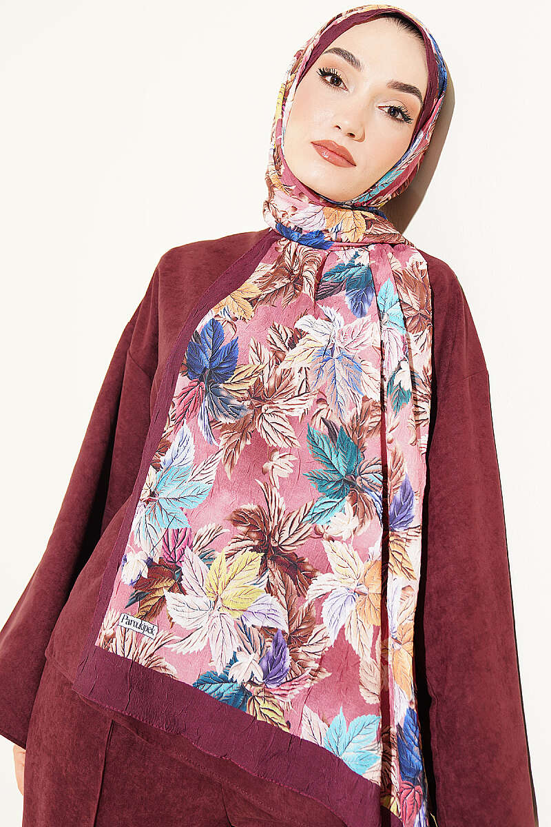 Colourful Leaf Print Crinkle Shawl - Plum