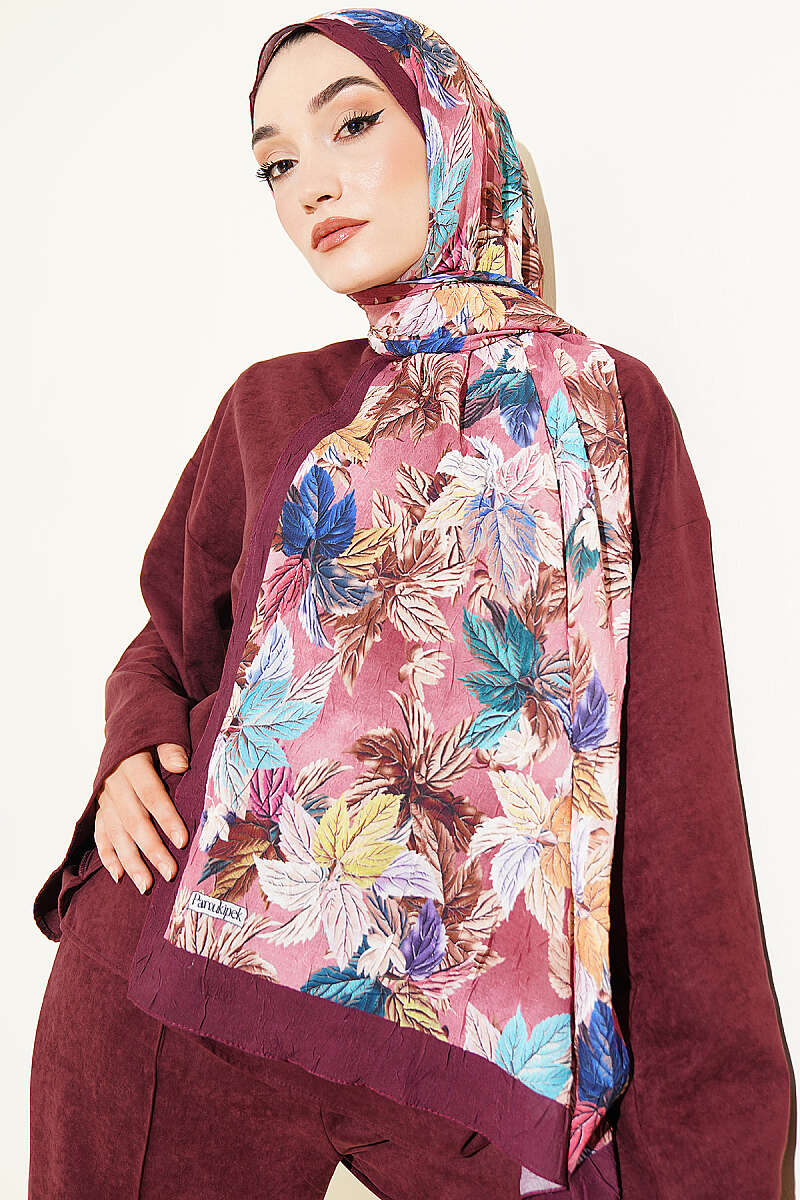 Colourful Leaf Print Crinkle Shawl - Plum