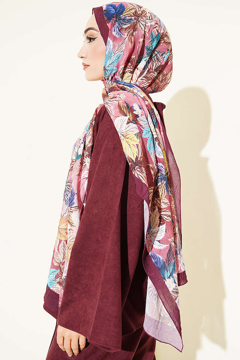 Colourful Leaf Print Crinkle Shawl - Plum