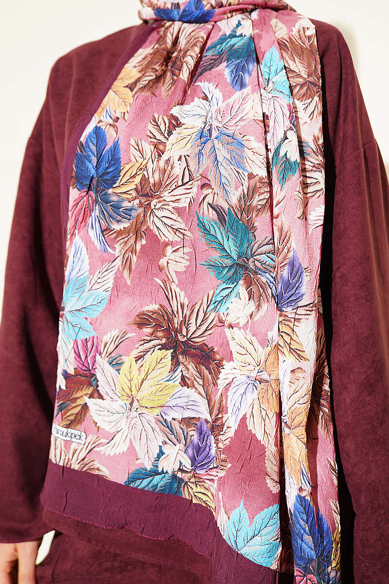 Colourful Leaf Print Crinkle Shawl - Plum