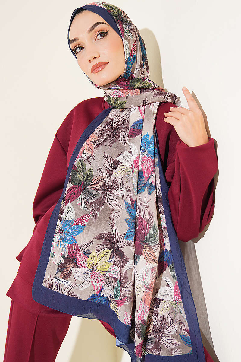 Colourful Leaf Print Crinkle Shawl - Parliament Blue