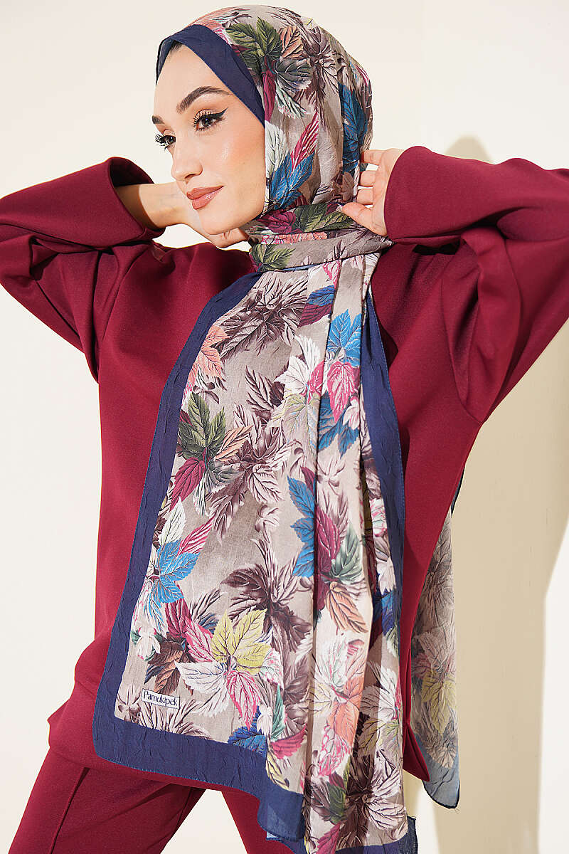 Colourful Leaf Print Crinkle Shawl - Parliament Blue