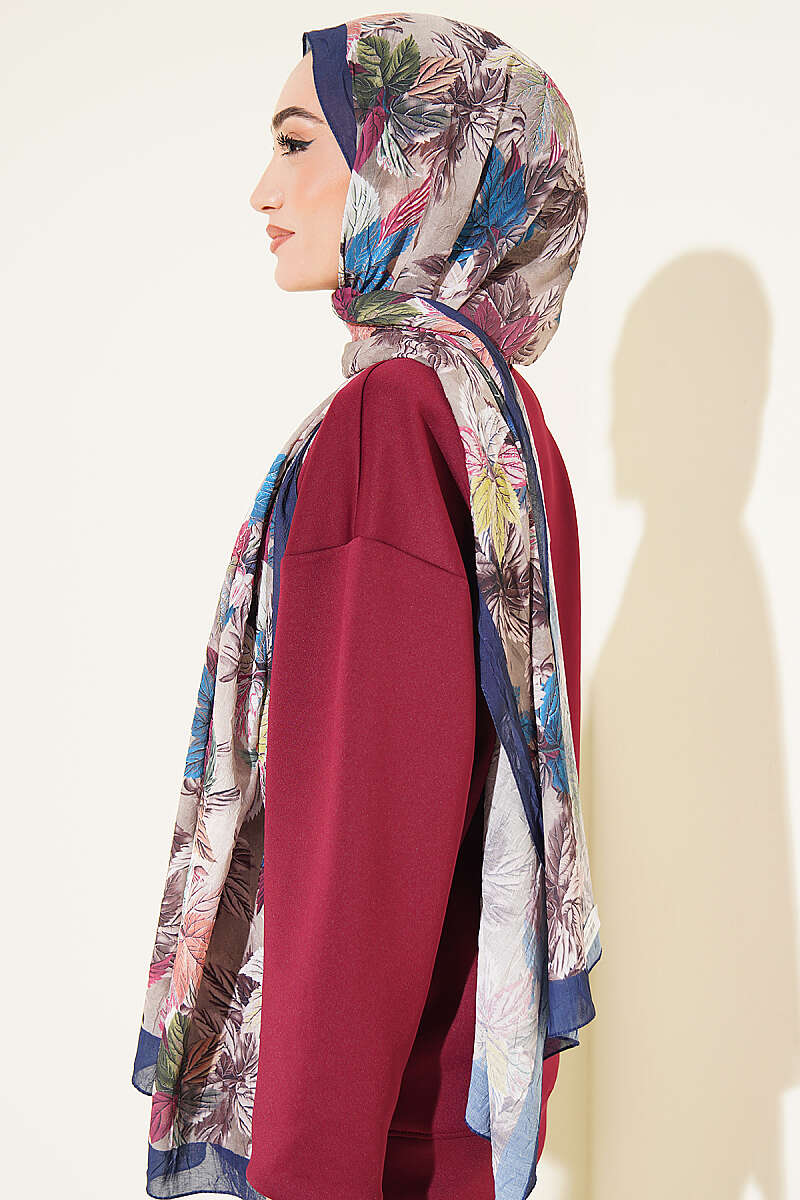 Colourful Leaf Print Crinkle Shawl - Parliament Blue