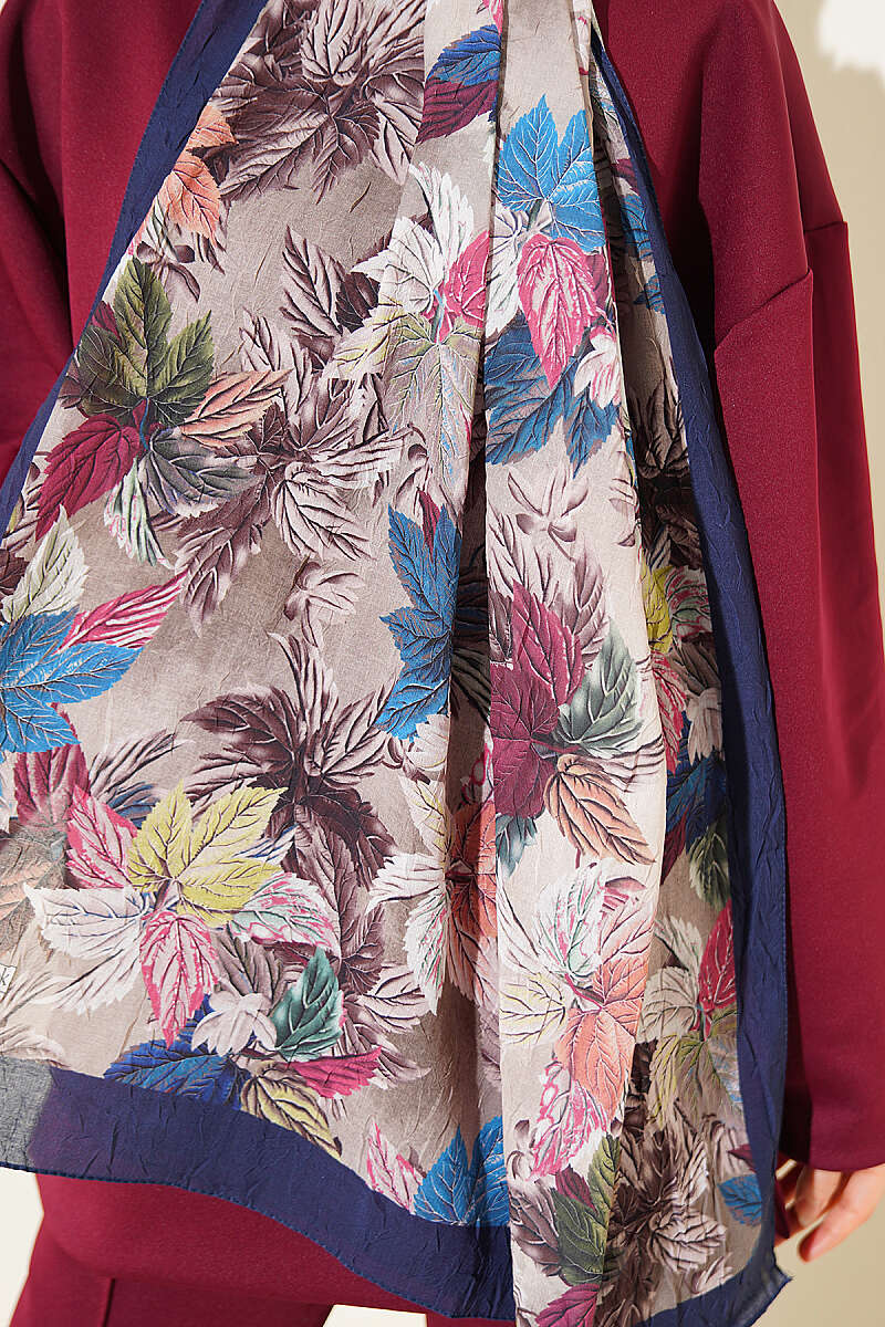 Colourful Leaf Print Crinkle Shawl - Parliament Blue