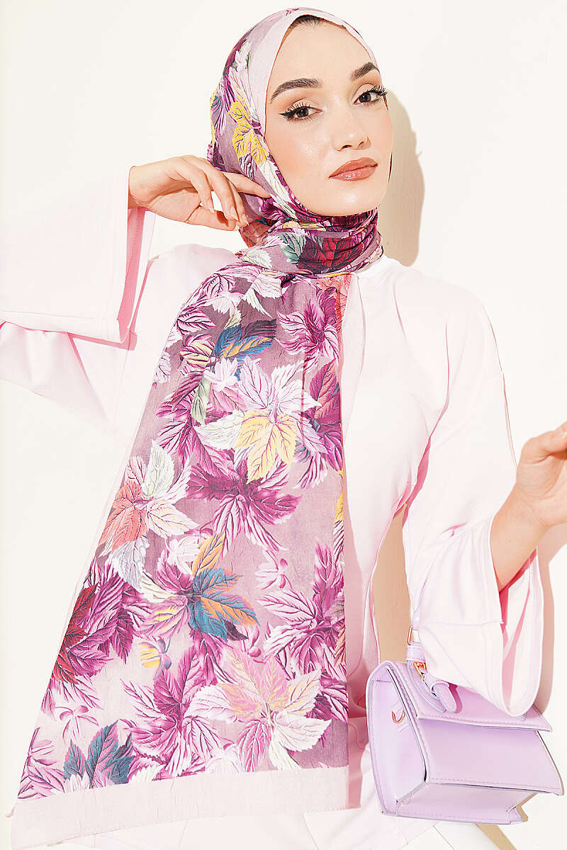 Colourful Leaf Print Crinkle Shawl - Pink
