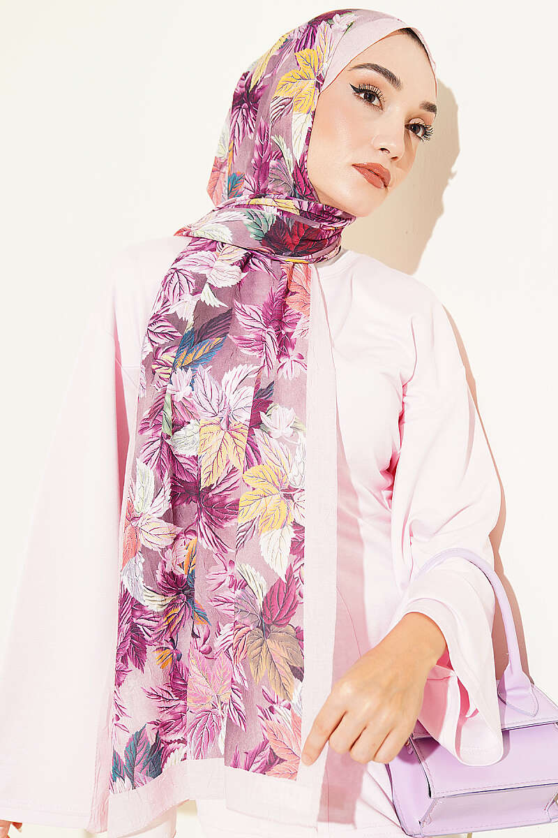Colourful Leaf Print Crinkle Shawl - Pink