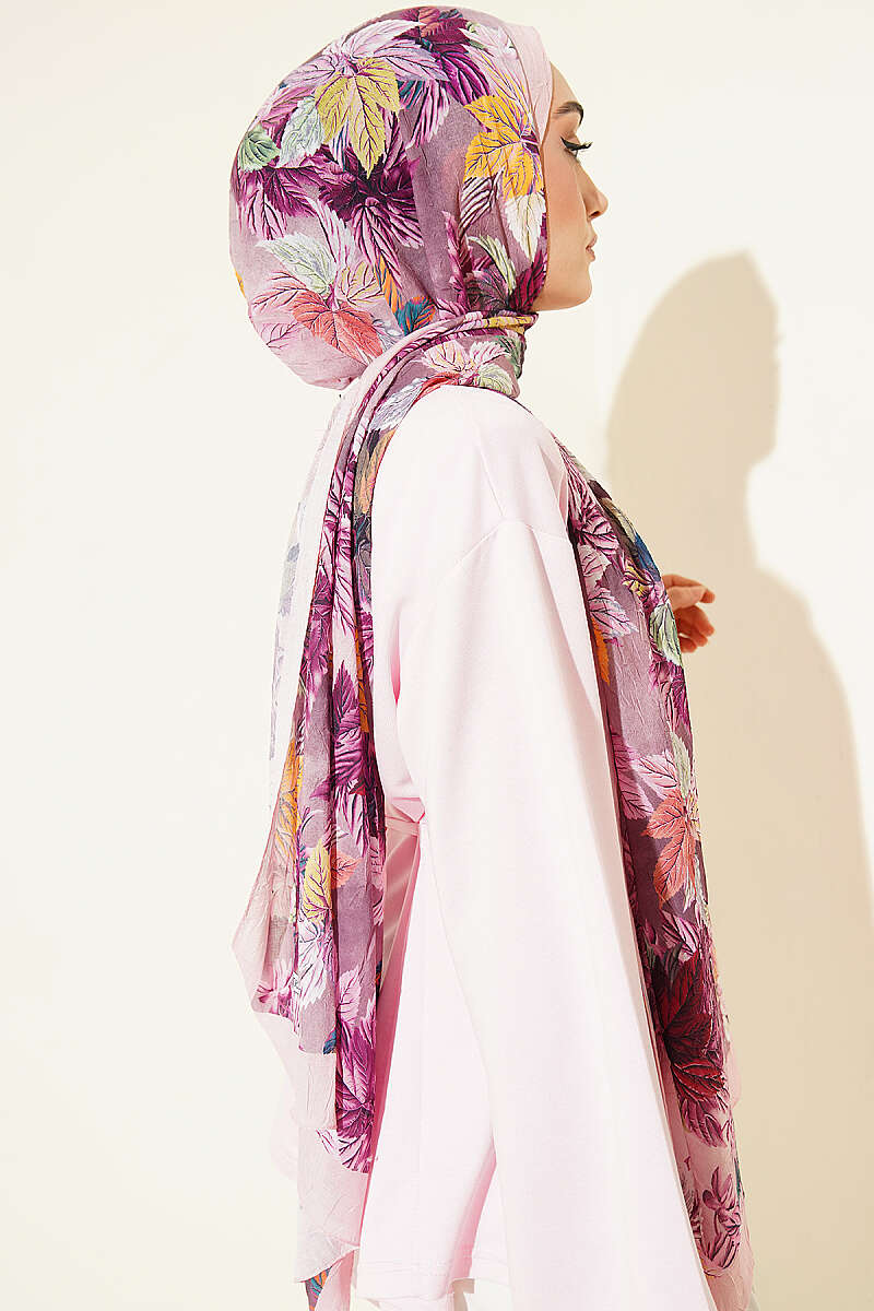 Colourful Leaf Print Crinkle Shawl - Pink