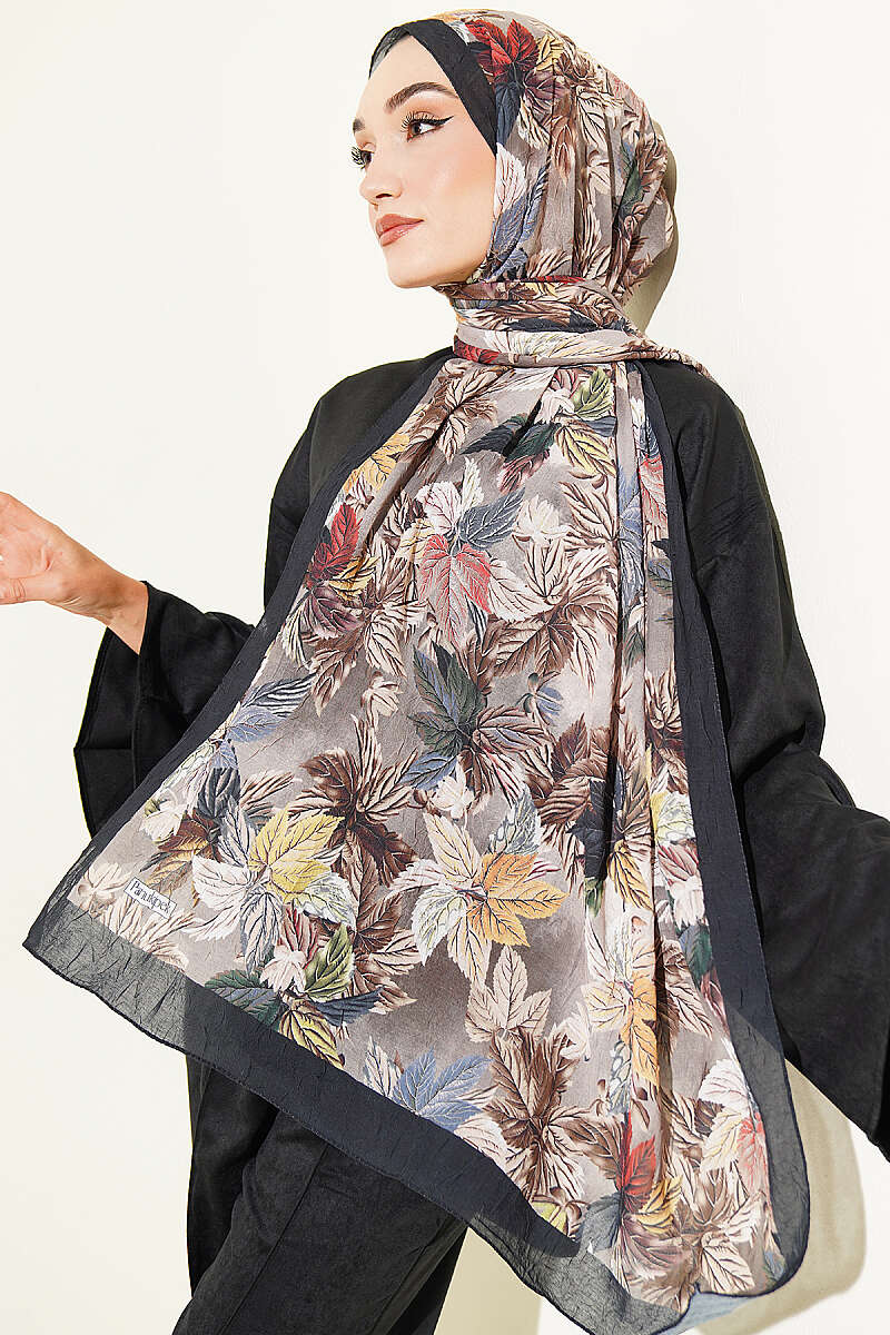 Colourful Leaf Print Crinkle Shawl - Black