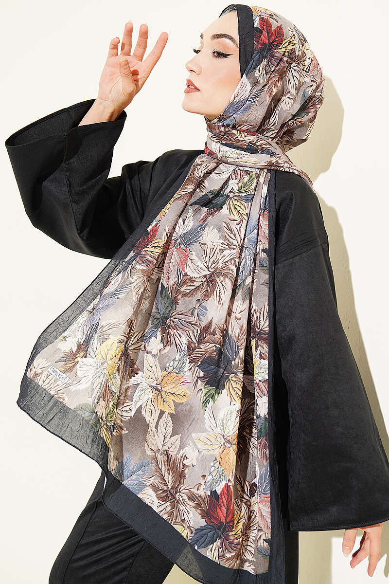 Colourful Leaf Print Crinkle Shawl - Black