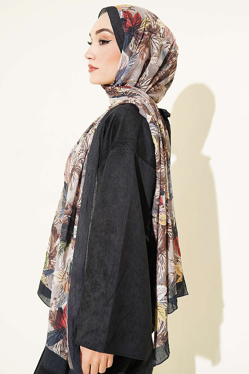 Colourful Leaf Print Crinkle Shawl - Black