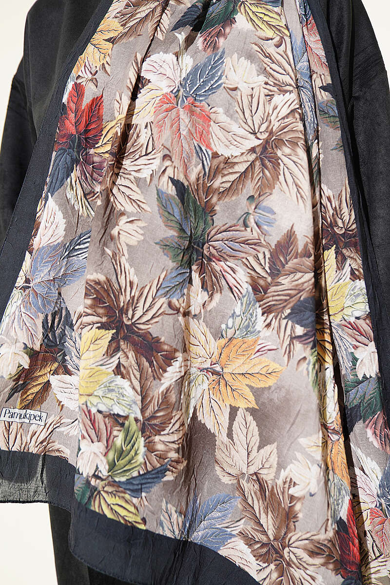 Colourful Leaf Print Crinkle Shawl - Black
