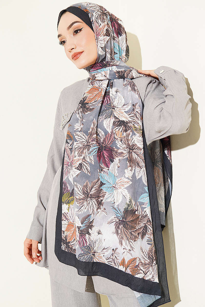 Colourful Leaf Print Crinkle Shawl - Black-Smoke Grey