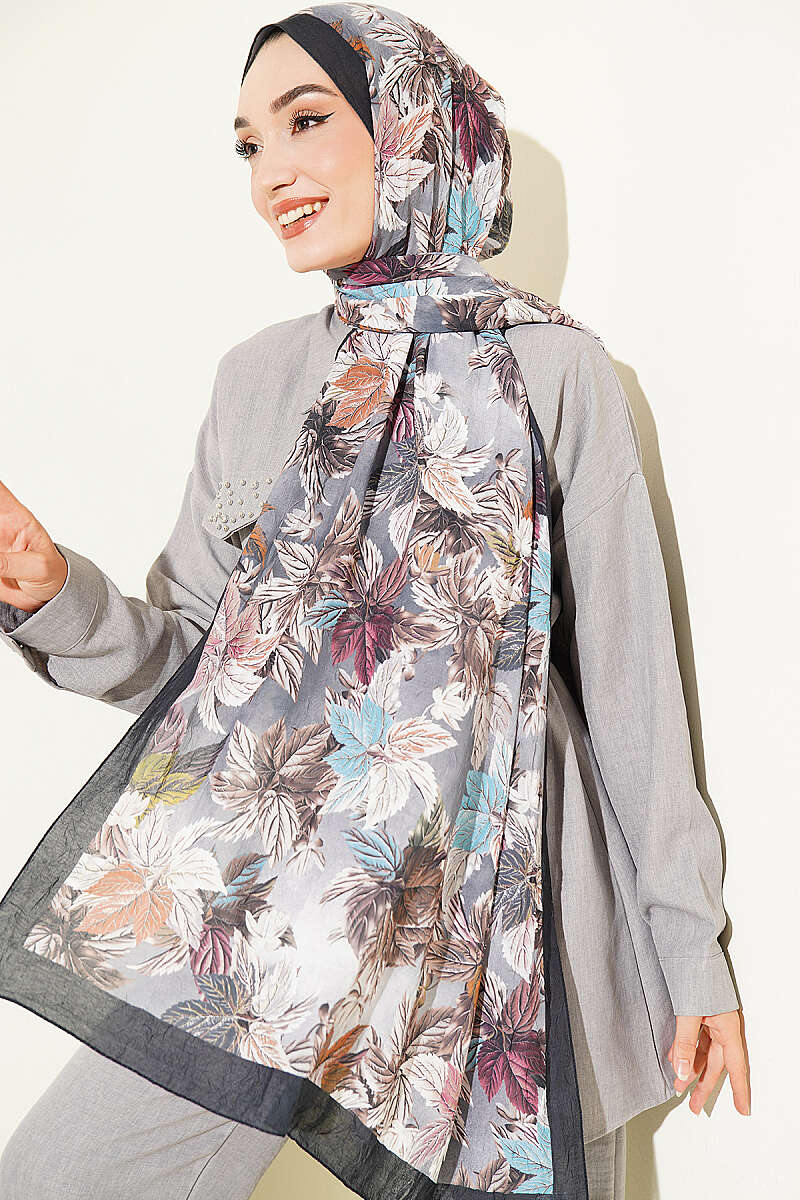 Colourful Leaf Print Crinkle Shawl - Black-Smoke Grey